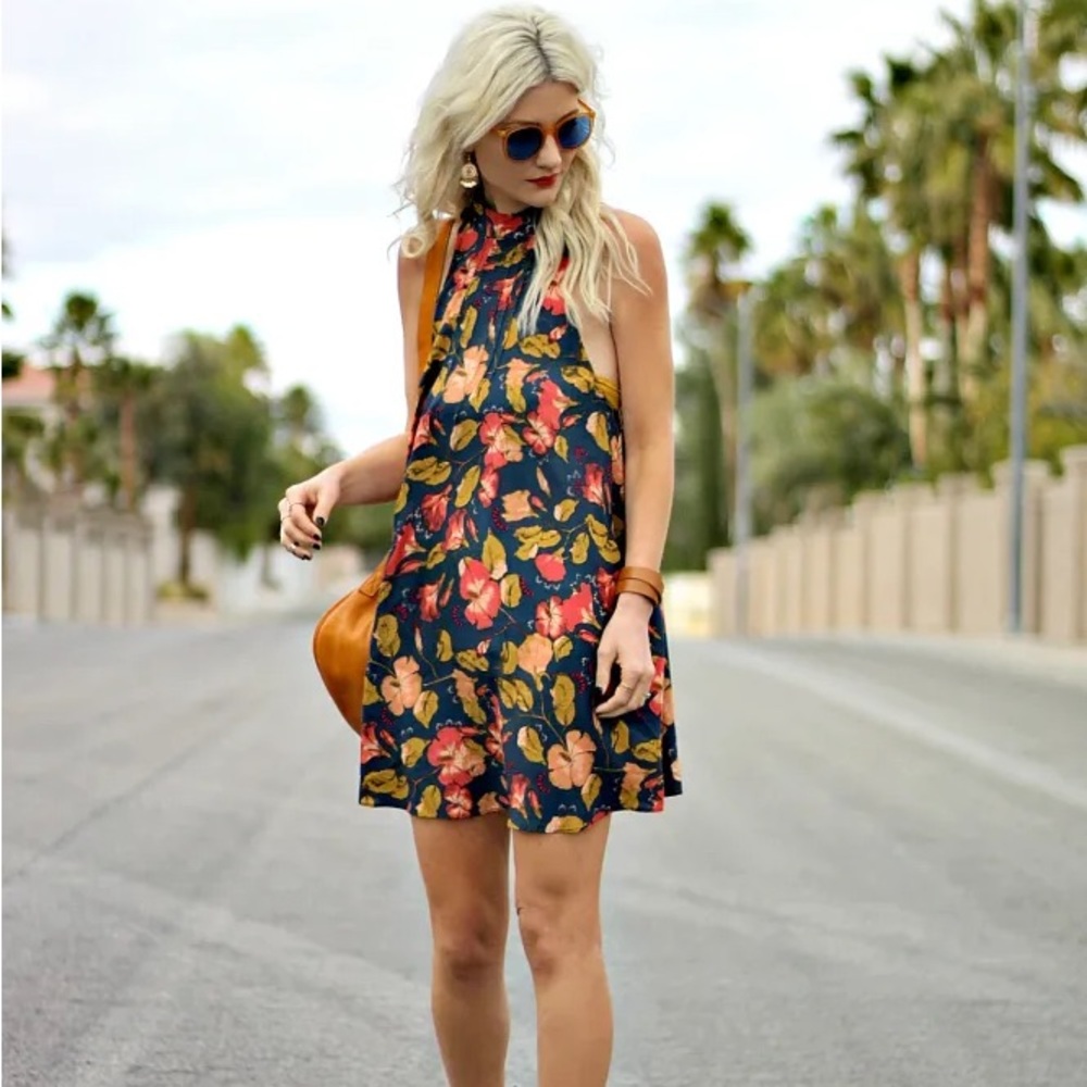 Free People Navy Floral Halter Mini Dress with Red & Yellow Blooms